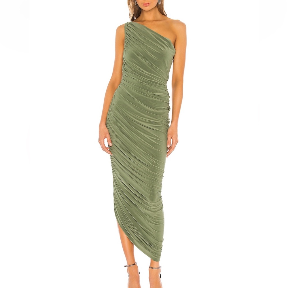 Norma Kamali Olive Green One-Shoulder Ruched Midi Dress